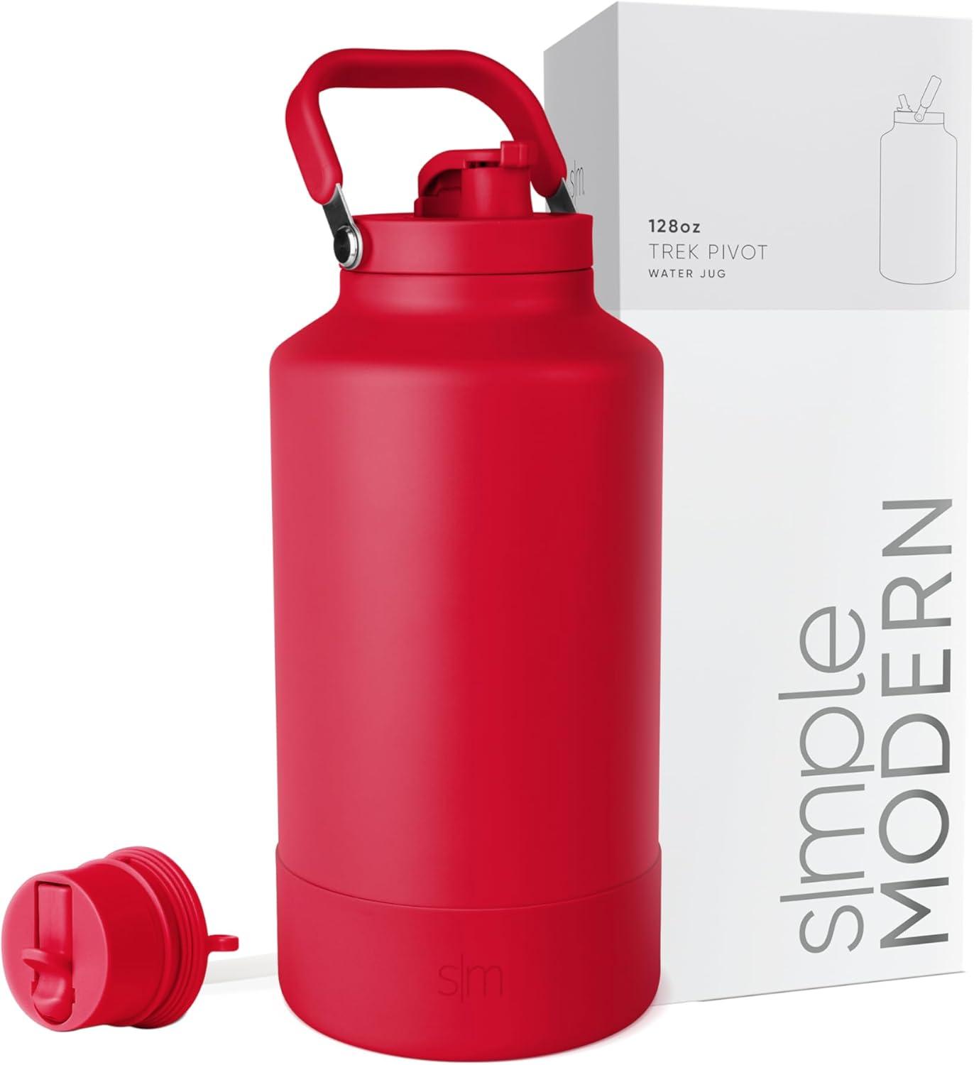 imageSimple Modern Trek Pivot  Half Gallon Water Bottle Jug with Handle ampamp Boot  Interchangeable Straw ampamp Chug Lids  Large Insulated Stainless Steel  Sports Camping Outdoors  64oz ForestEmber Red
