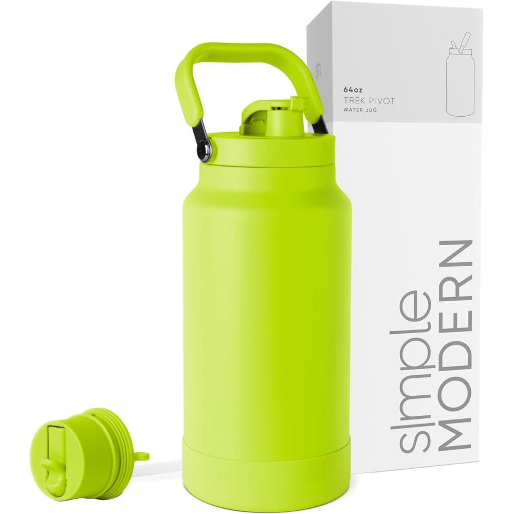 imageSimple Modern Trek Pivot  Half Gallon Water Bottle Jug with Handle ampamp Boot  Interchangeable Straw ampamp Chug Lids  Large Insulated Stainless Steel  Sports Camping Outdoors  64oz ForestGreen Apple