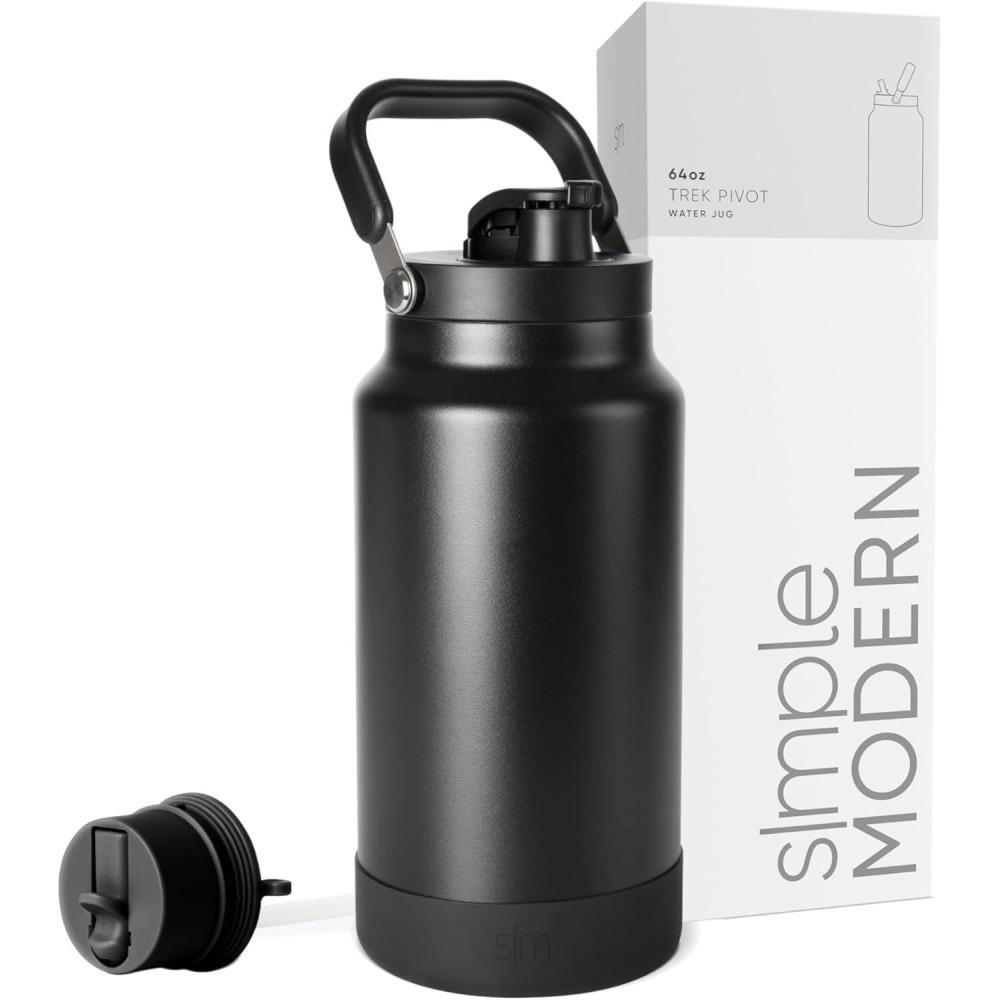 imageSimple Modern Trek Pivot  Half Gallon Water Bottle Jug with Handle ampamp Boot  Interchangeable Straw ampamp Chug Lids  Large Insulated Stainless Steel  Sports Camping Outdoors  64oz Forest Midnight Black