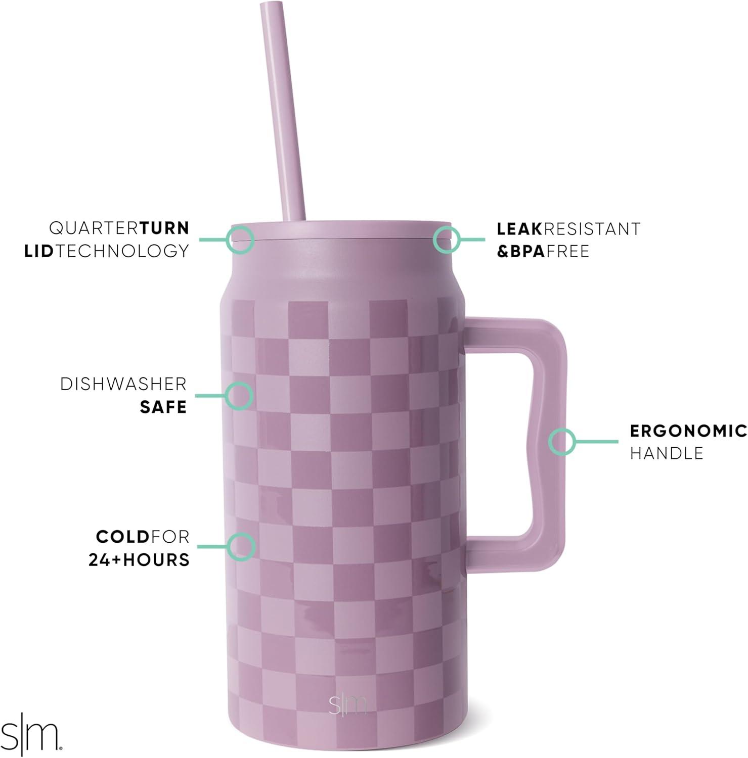 imageSimple Modern 50 oz Mug Tumbler with Handle and Straw Lid  Reusable Insulated Stainless Steel Large Water Bottle  Gifts for Women Men Him Her  Trek Collection  50oz  Midnight BlackPattern Lavender Checkmate