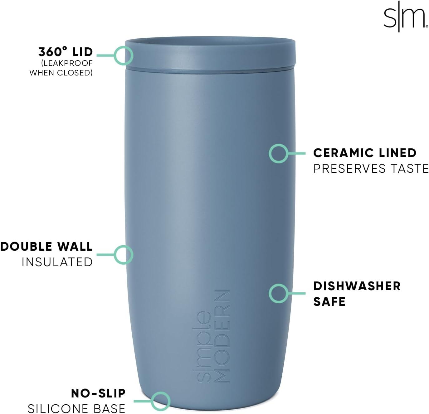 imageSimple Modern Travel Coffee Mug Tumbler with 360 Lid  CeramicLined Insulated Stainless Steel Cold Brew Iced Coffee Cup Thermos  Gifts for Women Men Her Him  Voyager Signature  16oz  ForestBlue Dune