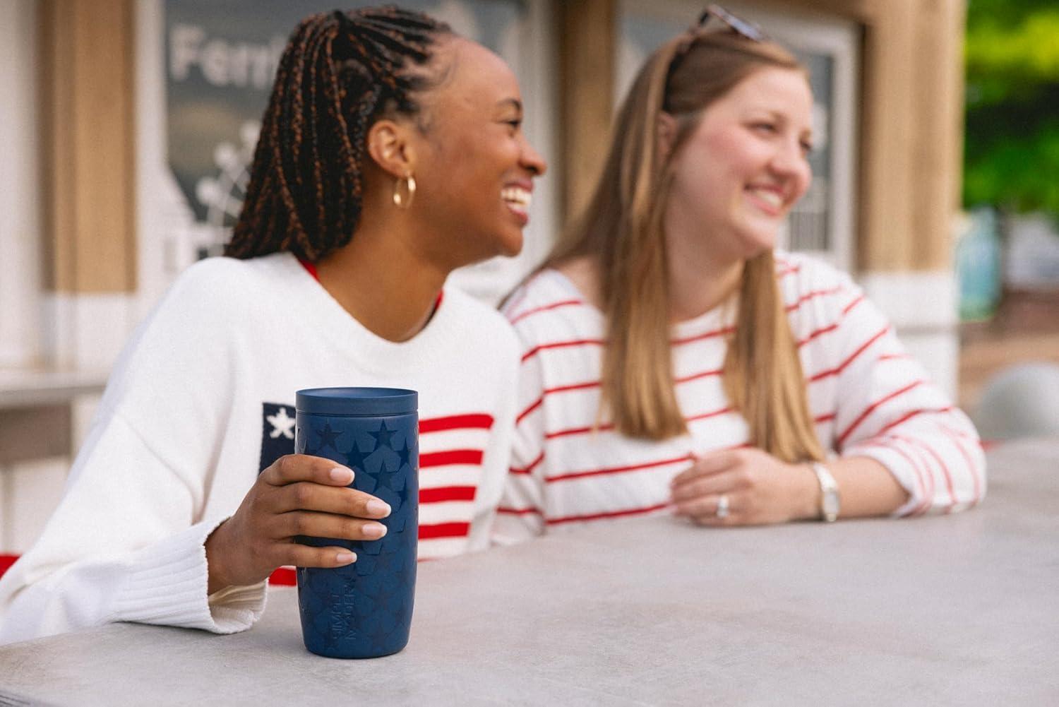 imageSimple Modern Travel Coffee Mug Tumbler with 360 Lid  CeramicLined Insulated Stainless Steel Cold Brew Iced Coffee Cup Thermos  Gifts for Women Men Her Him  Voyager Signature  16oz  ForestPattern Stars Navy