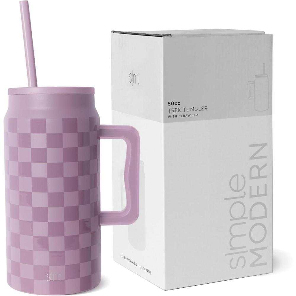 imageSimple Modern 50 oz Mug Tumbler with Handle and Straw Lid  Reusable Insulated Stainless Steel Large Water Bottle  Gifts for Women Men Him Her  Trek Collection  50oz  Midnight BlackPattern Lavender Checkmate