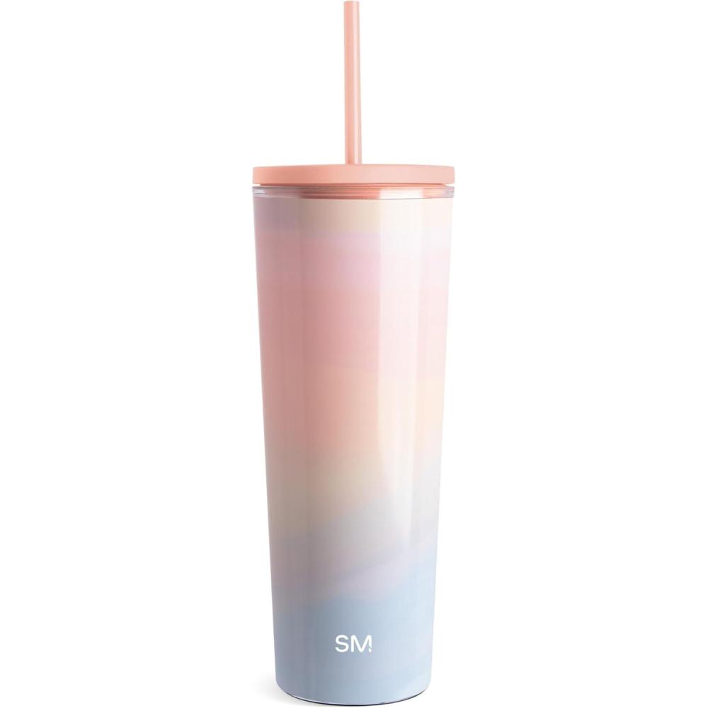 imageSimple Modern Plastic Tumbler with Lid and Straw  Reusable BPA Free Iced Coffee Cups Double Wall Smoothie Cup  Gifts for Women Men Him Her  Classic Collection  24oz  BlushPattern Sherbet Swirl