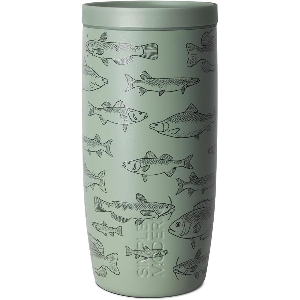 imageSimple Modern Travel Coffee Mug Tumbler with 360 Lid  CeramicLined Insulated Stainless Steel Cold Brew Iced Coffee Cup Thermos  Gifts for Women Men Her Him  Voyager Signature  16oz  ForestPattern Fish On