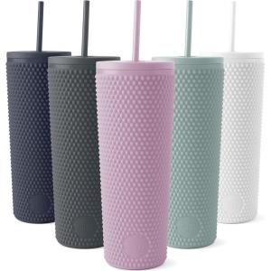 imageSimple Modern Plastic Matte Studded Tumbler with Lid and Straw  Reusable BPA Free Iced Coffee Cups Double Wall Smoothie Cup  Gifts for Women Men Him Her  Classic Collection  24oz  Winter WhiteLavender Mist