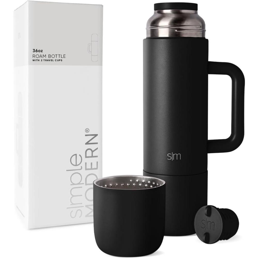 imageSimple Modern 36oz Insulated Hot Beverage Bottle with 2 Mugs  Travel Coffee Thermos for Hot Drinks  Twist and Pour Top  Commute Travel and Picnic Friendly  Roam Collection  Forest Midnight Black