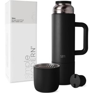 imageSimple Modern 36oz Insulated Hot Beverage Bottle with 2 Mugs  Travel Coffee Thermos for Hot Drinks  Twist and Pour Top  Commute Travel and Picnic Friendly  Roam Collection  Forest Midnight Black