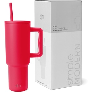 image:imageSimple Modern 40 oz Trek Tumbler with Handle and Straw Lid  Cup Holder Friendly Insulated Stainless Steel Travel Mug  Raspberry VibesEmber Red